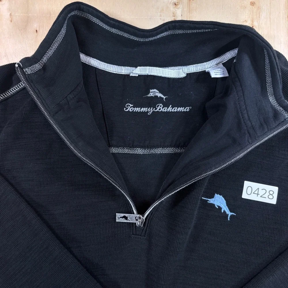 Tommy Bahama Mens Black Slub Knit Quarter Zip Pullover Marlin Logo Size Medium
